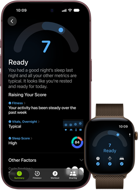 iPhone 18 Pro, black, front exterior, displaying the results of the Readiness status (score of 7), paired with Apple Watch, front facing, brown, displaying the same Readiness score of 7