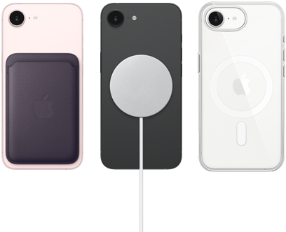iPhone dix-sept-e rose pâle avec portefeuille à tissage fin violet minuit, iPhone dix-sept-e noir et chargeur MagSafe, iPhone dix-sept-e blanc dans un étui transparent avec MagSafe
