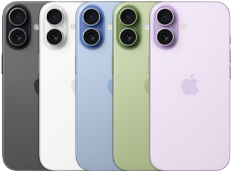 iPhone 17, face arrière, système à deux caméras Fusion, les cinq couleurs se superposent : noir, blanc, bleu aube, sauge et lavande