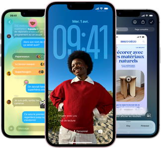 Trois iPhone dix-sept-e, montrant l’app Messages avec le design en Liquid Glass, l’écran verrouillé dynamique et l’intelligence visuelle en cours d’utilisation