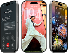 3 modèles d’iPhone 17 Pro, face avant, côte à côte, affichant iOS 26, l’effet liquid glass et Apple Intelligence