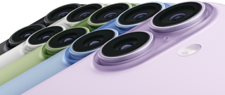 iPhone 17, face arrière, système à deux caméras Fusion, les cinq couleurs se superposent : noir, blanc, sauge, bleu aube, et lavande