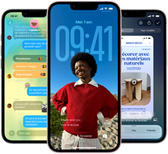 Trois iPhone dix-sept-e, montrant l’app Messages avec le design en Liquid Glass, l’écran verrouillé dynamique et l’intelligence visuelle en cours d’utilisation
