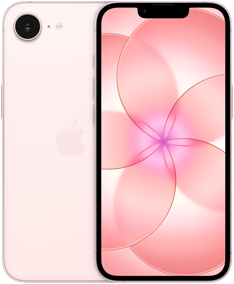 Côte à côte, iPhone dix-sept-e, face arrière, rose pâle, système caméra Fusion dans le coin supérieur gauche, iPhone dix-sept-e, face avant, écran intégral