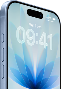 iPhone 17, face avant, bleu aube, Dynamic Island au centre, boutons : boutons Action, et de volume
