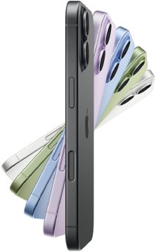 iPhone 17, côté, cinq couleurs : noir, lavande, bleu aube, sauge, et blanc.