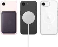 iPhone dix-sept-e rose pâle avec portefeuille à tissage fin violet minuit, iPhone dix-sept-e noir et chargeur MagSafe, iPhone dix-sept-e blanc dans un étui transparent avec MagSafe