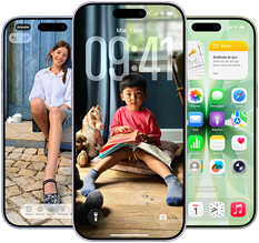 iPhone 17, face avant, Dynamic Island dans la partie centrale supérieure, trois couleurs : bleu aube, lavande sauge