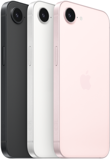 iPhone dix-sept-e, vue latérale et arrière, noir, vue latérale et arrière, blanc, vue latérale et arrière, rose pâle, caméra Fusion dans la partie supérieure, bouton latéral