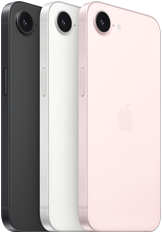 iPhone dix-sept-e, vue latérale et arrière, noir, vue latérale et arrière, blanc, vue latérale et arrière, rose pâle, caméra Fusion dans la partie supérieure, bouton latéral