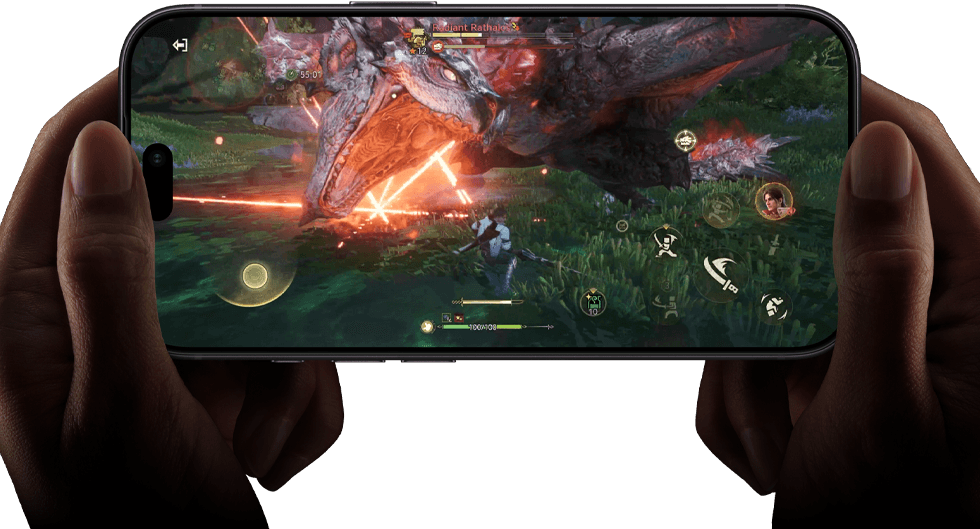 iPhone 18 Pro, front exterior, demonstrating the performance capabilities of the A20 Pro chip with a scene from the Monster Hunter Outlanders