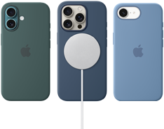 Plusieurs accessoires MagSafe pour iPhone. Étui en silicone avec MagSafe pour iPhone 16, vert lacustre, étui en silicone avec MagSafe pour iPhone 16 Pro, denim, jumelé à un chargeur MagSafe, blanc, étui en silicone pour iPhone seize-e, bleu hivernal