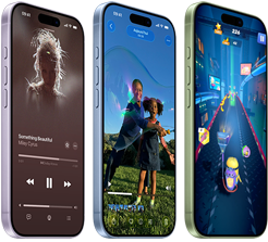 Des iPhone 17, face avant, côté, montrant Apple Music, l’intelligence visuelle et un jeu; bouton Action et boutons de volume