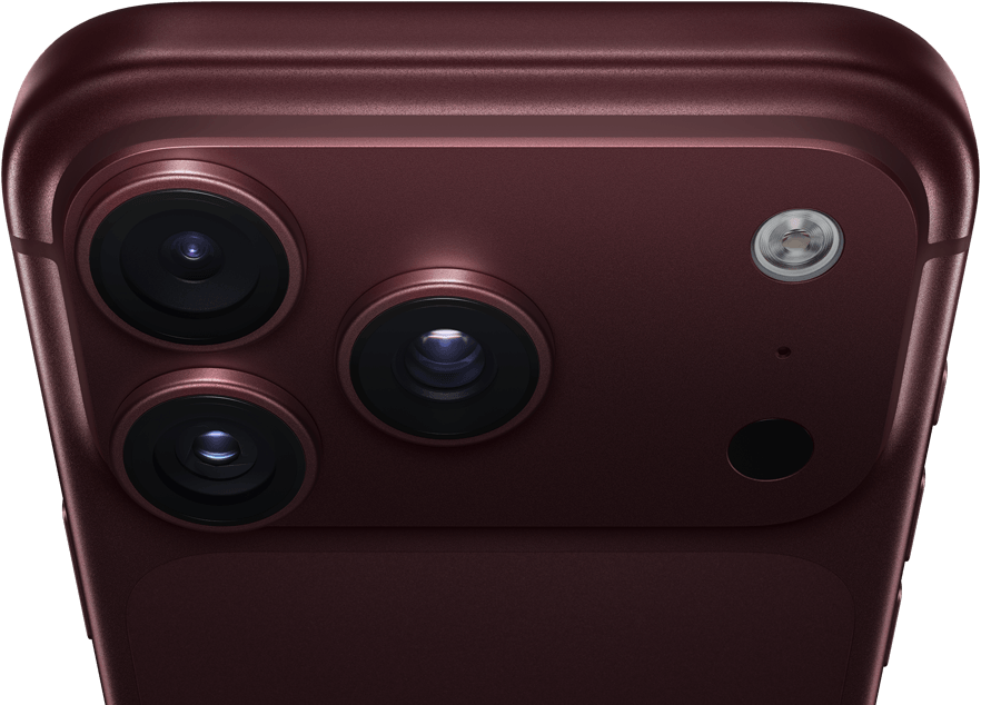 iPhone 18 Pro Max, burgundy colour (dark red), back exterior, Pro Fusion camera system at top, 3 lenses, variable aperture blades partially closed, flash, microphone and LiDAR Scanner, top exterior, cellular antenna, flat sides, rounded edges