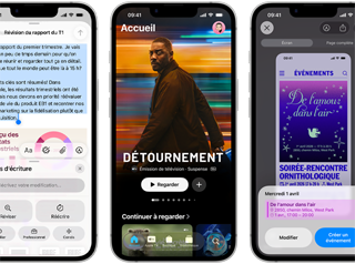 iPhone dix-sept-e côte à côte affichant différents écrans : un jeu en cours, les uutils d’écriture, l’app Apple TV, la création d’un événement dans Calendrier et la création d’un Genmoji