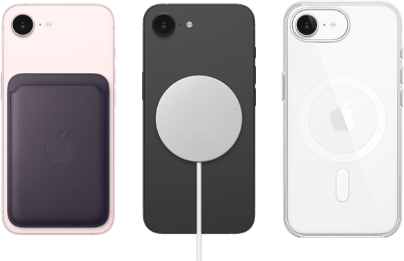 iPhone dix-sept-e, face arrière, rose pâle, auquel est apposé un portefeuille à tissage fin avec MagSafe, iPhone dix-sept-e, face arrière, noir, auquel est fixé un chargeur MagSafe, iPhone dix-sept-e, face arrière, blanc, auquel est fixé un étui transparent avec MagSafe