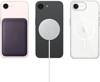 iPhone dix-sept-e rose pâle avec portefeuille à tissage fin violet minuit, iPhone dix-sept-e noir et chargeur MagSafe, iPhone dix-sept-e blanc dans un étui transparent avec MagSafe