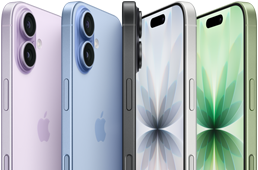 iPhone 17, face avant, face arrière, côté, cinq couleurs : lavande, bleu aube, noir, blanc, et sauge.