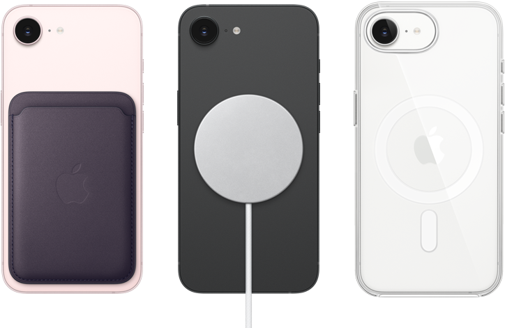 iPhone dix-sept-e, face arrière, rose pâle, auquel est apposé un portefeuille à tissage fin avec MagSafe, iPhone dix-sept-e, face arrière, noir, auquel est fixé un chargeur MagSafe, iPhone dix-sept-e, face arrière, blanc, auquel est fixé un étui transparent avec MagSafe